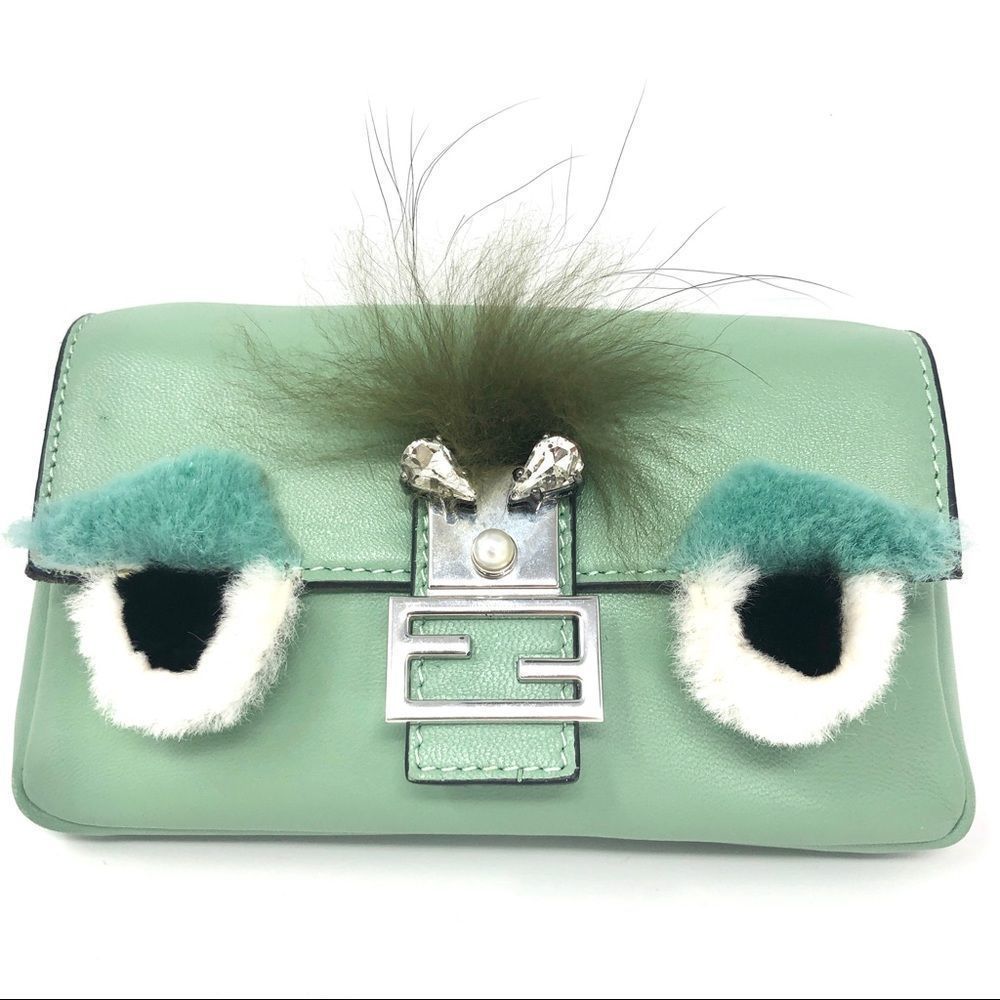 FENDI Monster Micro Baguette Mint Leather Crossbody Bag w/RFID - Picture 5 of 17